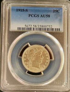 1915-S 25�Z���g �o�[�o�[ �V���o�[ �N�H�[�^�[ PCGS AU58 �S�[���h�V�[���h
