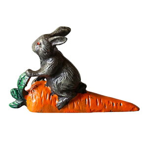 K[fjO yAeB[NzSETMɂ񂶂񎆂̏dA`̃IWO[F̉ƒp̒u yantiquezCast Iron Small Rabbit Carrot Paper Weight With Hand Painted Ora