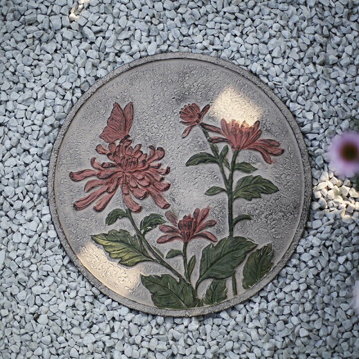 楽天市場 ガーデニング 踏み石 庭石 敷石 飛び石 ステップストーン 絵飛び石 丸型 菊と蝶 送料無料 輸入品 ガーデン エクステリア ポーチ ビビット通販２号店