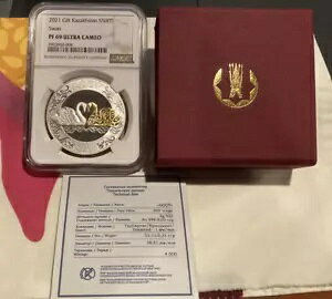 �J�U�t�X�^�� �V���o�[ �v���[�t 500 Tenge 2021 Swan (Aqqy) NGC PF 69 �E���g�� �J���I w/OGP