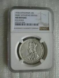 リトアニア 10 Litu 1936 銀貨 Duke Vytautas Didysis NGC AU 詳細クリーニング済み