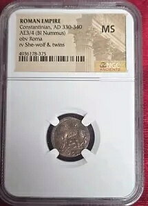 NGC MS AD 330-340 AE3/4 (BI Nummus) Obv: Roma Re: She Wolf & Twins