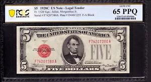 1928 C $5 �@��ʉ݃��b�h�V�[���m�[�g FR.1528 FA �u���b�N PCGS B GEM UNC 65 PPQ