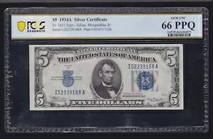 US 1934A $5 �V���o�[�ؖ��� FR 1651 PCGS 66 PPQ (168) 1/2 �A��