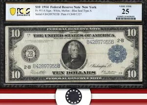 1914 �N $10 �j���[���[�N FRN �A�M������s�� PCGS 25 Fr 911a 97955�B