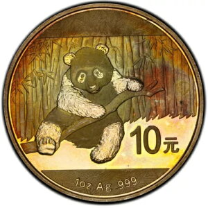 MS63 2014 中国 10 元シルバー パンダ、PCGS Trueview- レインボー トーン
