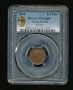 1844 ビクトリア イギリス ハーフ ファージング 1/2F PCGS MS 63 ブラウン (BN) S-3951