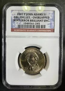NGC MS BU 2007-P John Adams DBL.EDG.LET.-OVERLAPPED Mint Error Golden Dollar SF