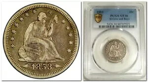 1853 �V�[�e�b�h ���o�e�B �N�H�[�^�[ (ARROWS & RAYS �t��) 25?�APCGS VF30�A�S�[���h �V�[���h!