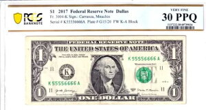 2017 $1 FRN PCGS VF 30PPQ �t�@���V�[ 5/6 �o�C�i���[ �_�u�� �N���b�h �V���A�� #K55556666A
