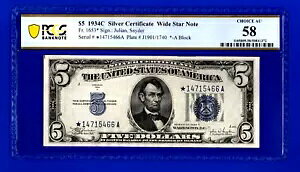 1934 C??5 �V���o�[�ؖ���?? �X�^�[�m�[�g?? Fr1653* PCGS CHOICE AU 58
