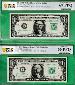 1 ドル連邦準備銀行券と一致する派手なシリアル番号 66666687 ペア PCGS