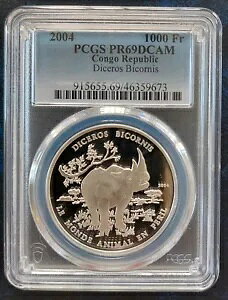 �R���S �V���o�[ 1000 �t���� �v���[�t �R�C�� 2004 �N DICEROS RHINO PCGS PR69 �g�b�v