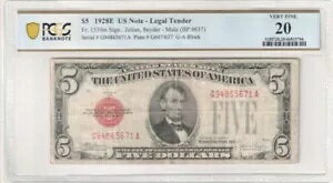 $5 1928-E �@��ʉ� Fr.1530m �o�b�N �v���[�g #637 PCGS-B ���ɍׂ��� 20