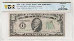 $10 1934-D FRN�A�_��2009-I*�A�󏭂ȃ~�l�A�|���X �X�^�[ =4 �����m���Ă���= PCGS-B VF 20