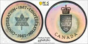 PL65 1967 カナダ シルバー 100 周年プルーフ メダル、PCGS セキュア - レインボー トーン