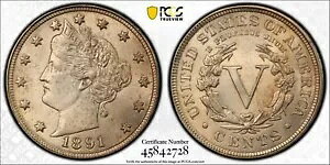 1891 oeB "V" jbP PCGS MS 61 ɃVo[Aȃs[^[