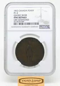 1852 カナダ ペニー PC-4 ケベック銀行、NGC F 詳細 - #B29367