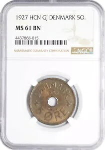1927 HCN �f���}�[�N 5 �z�� MS61 BN NGC KM# 828 UNC