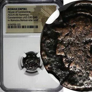 ローマ コンスタンティヌス王朝 AE3/4 Nummus AD 330-340 / She-Wolf & Twins NGC (123)