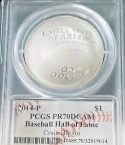 クレイグ・ビジオ サイン入り 2014-P ベースボール HOF $1 コイン PROOF 70 DCAM PCGS PG = $600.00
