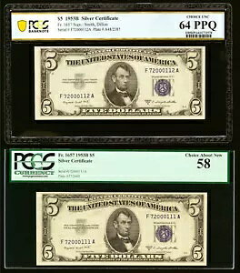 �y�A LOW # 111 & �A�� # 112 �t�@���V�[ $5 �V���o�[ �ؖ����m�[�g 1953B PCGS