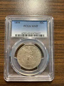 1858-P �V�[�e�b�h ���o�e�B �V���o�[ �n�[�t�_���[ 50C PCGS XF 45 �^�C�v 2�A���b�g�[ ���A�Ȃ�