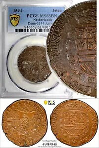 �X�y�C�� �I�����_ 1594 Jeton PCGS MS63 BN �ō����A���g���[�v�����ǁB�_�O�� 3344