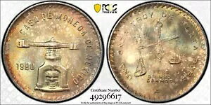MS65 1980-Mo メキシコ シルバー アン オンザ、PCGS Trueview- 美しいレインボー トーン