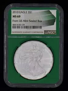 2010 S$1 アメリカン シルバー イーグル NGC MS-69 グリーン コア 米国造幣局製 密封ボックス