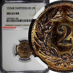 �X�C�X �u�����Y 1936 B 2 ���b�y�� NGC MS63 RB RED �~���g-500,000 KM# 4.2a (80)