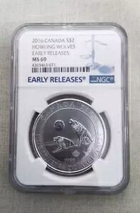 2016 �J�i�_ $2 Howling Wolves 3/4 �I���X .999 �V���o�[�ANGC MS69 ���������[�X