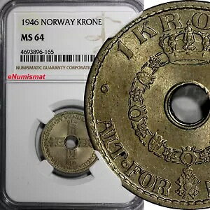 �m���E�F�[ �z�[�R�� VII ���j�b�P�� 1946 1 �N���[�l NGC MS64 �g�[���h �� KM# 385 (165)