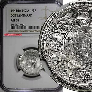 �C���h-�C�M���X �W���[�W 6 �� �V���o�[ 1943 (B) 1/2 ���s�[ DOT NGC AU58 KM# 552 (020)