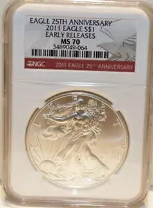 2011 $1 �V���o�[ �A�����J�� �C�[�O�� NGC MS-70 ���������[�X 25 �N��