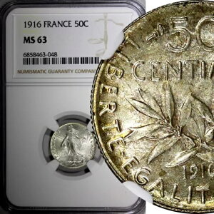�t�����X �V���o�[ 1916 50 �T���^�C�� NGC MS63 KM# 854 (048)