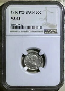 スペイン 1926 PC-S 50 センティモス シルバー コイン アルフォンソ 13 世 ニース BU NGC MS 63 KM# 741
