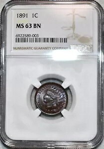 NGC MS-63 BN 1891 �C���f�B�A���w�b�h�Z���g�A���Ɍ��򂪂���A���邢�F�����B