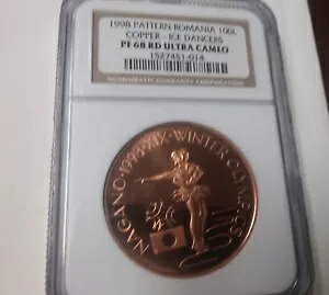 レア 1998 ルーマニア コッパー 100 レイ パターン オリンピック フィギュア スケート NGC PF 68 RD