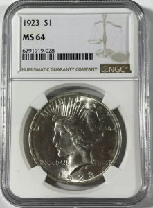 1923 Peace $1 NGC MS64 (#19290 ) �u���C�W���O�z���C�g �኱�̃V�~����B�����ȃv�����V�F����