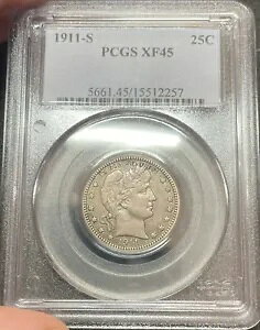 1911-s 25c PCGS XF45 �o�[�o�[ �N�H�[�^�[ �^�t �f�C�g �`���C�X �I���W�i��!