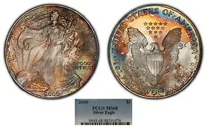 2000 1 オンス シルバー アメリカン イーグル - PQ レインボー パターン トーニング - PCGS MS 68 - E2967