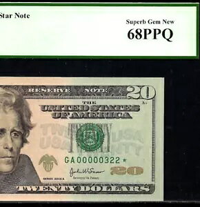 2004A $20 �A�M������s�� PCGS 68PPQ - �W�F�� ���[ �V���A���ԍ� �X�^�[ 00000322*