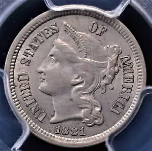 1881 年 3 セント ニッケル PCGS MS 63 滑らかで魅力的なピューターとパイライト、そして A