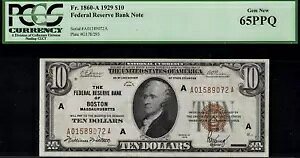 1929 年 10 ドル連邦準備銀行券 - ボストン - FR.1860-A - 等級 PCGS 65PPQ