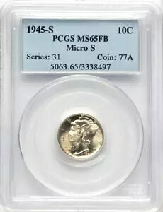 1945-S "マイクロ S" PCGS MS65 FB フルバンド シルバー MERCURY ダイム 10c $875++ カラー