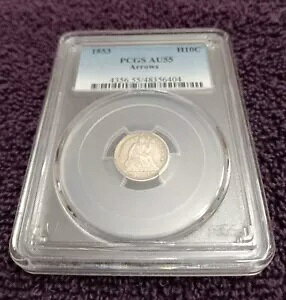 1853�N�AArrows Liberty Seated Half-dime�APCGS AU55�A���O�ꂽ���F