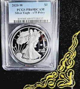 PCGS 2020 PR69 DCAM ��񎟐��E��� V75 �v���C�x�[�g �A�����J�� �v���[�t �V���o�[ �C�[�O�� .999 �R�C��