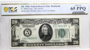 1928 $20 h FRN RICHMONDAV[APCGS 65 PPQ Fr 2050-E 