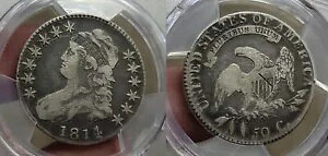 1814/3 キャップドバスト ハーフダラー 50c PCGS F ディテールダメージ